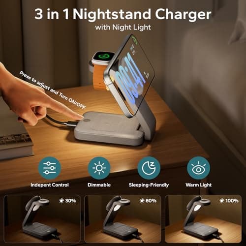 Eazpower 3 in 1 Wireless Charging Station for Apple Watch and iPhone, Foldable Magnetic Charger Stand for iPhone 17e/Air/17-12 Series, AirPods, Travel Magsafe Charging Dock with Night Light — view 2