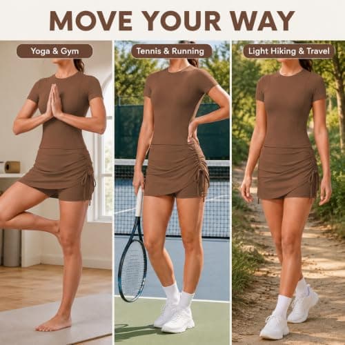 Women's 2 Piece Workout Set Short Sleeve Top and Ruched Skort (Graphite gray,S) — view 5