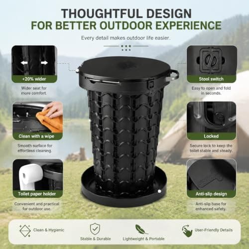 maliven Upgrade Portable Toilet for Adults, Extra Large Seat Travel Potty with Bags & Carry Handle, 18.7" Tall Adjustable Height, Collapsible Toilet for Camping, Hiking, Beach, RV and Emergency Use — view 5