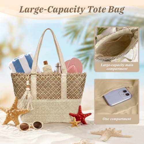 Aucuu Straw Beach Tote Bag Women, Straw Woven Beach Shoulder Bags, Handwoven Straw Handbag with Zipper, Straw Handbags for Women, Summer Beach Bag Tote Bag for Holiday Travel Pool Daily — view 6