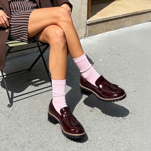 DREAM PAIRS Womens Loafers, Slip On Platform Chunky Penny Heeled Lug Sole Loafers for Women Dressy and Work, Business Casual Shoes for Women,Size 5.5,Burgundy-Pat,SDLS2404W — view 3