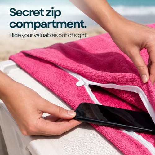 ITSA Terry Towelling Beach Towel with Pockets & Handles | 100% Cotton Foldable Sun Lounger Cover | Carry Bag | Secure Storage Beach Towel (Coral Pink) — view 6