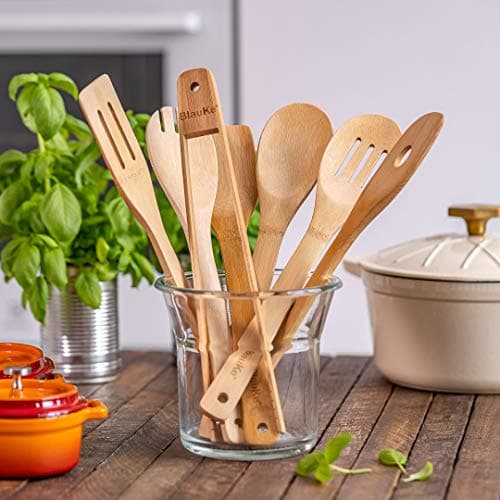 BlauKe® Wooden Kitchen Utensils Set of 7 – Bamboo Cooking Utensils for Non-Stick Cookware – Wooden Spatulas for Cooking, Wooden Spoons, Tongs — view 4