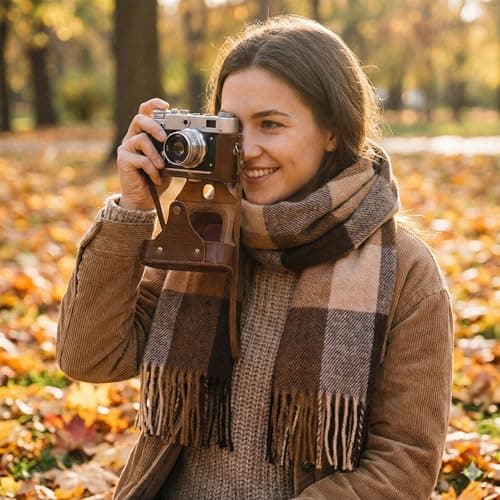 Women's Brown Check Scarf, Rectangular Fringed Wrap, Neutral Tones — view 5