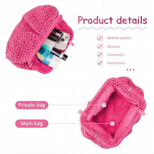 Emprier Women Cloud Straw Clutch Bag Straw Shoulder Bag Summer Beach Shoulder Bag, Red Pink, One Size — view 4