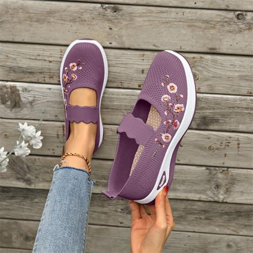 Dance Shoes for Women, Orthopedic Shoes for Women Wide Fit Slip On Walking Loafers Breathable Mesh Non-Slip Shoe Lightweight Arch Support Comfort Flats for Work Travel Casual Sneakers Purple — view 4