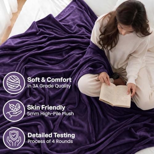 Oxford Homeware Fleece Blanket Sofa Throw Cuddly Reversible Soft Throws for Bed, Couch, Settee, Travel Lightweight and Breathable Blanket fit All Season (Purple, Twin/Double) — view 2