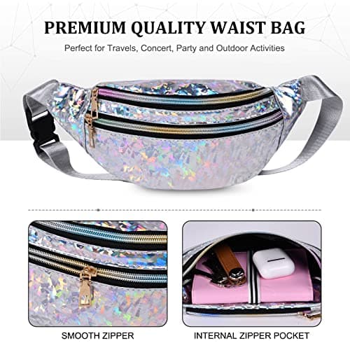 Flintronic Women's Bum Bag Fashion Waterproof Bum Bag Women Belt Bag Compartments with 3 Compartments Adjustable Strap Waist Bag for Sports Travel Hiking Outdoor Travel, #5 Silver Sequins, Standard — view 2