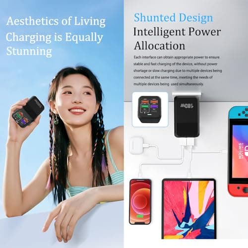 150W 6-port GaN Charger, 4 USB-A+2 Type-C PD Fast Charging Ports, AI Power Distribution, Universal Compatibility with iPhone, Samsung, Huawei, Xiaomi, Etc. (UK Plug) (Black) — view 6