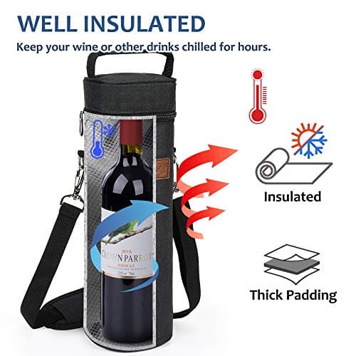 Kato Tirrinia Single Wine Cooler Bags - Insulated & Padded Portable Wine Tote Carrier for Travel, Picnic, Beach Great Gift for Wine Lover, Black — view 2