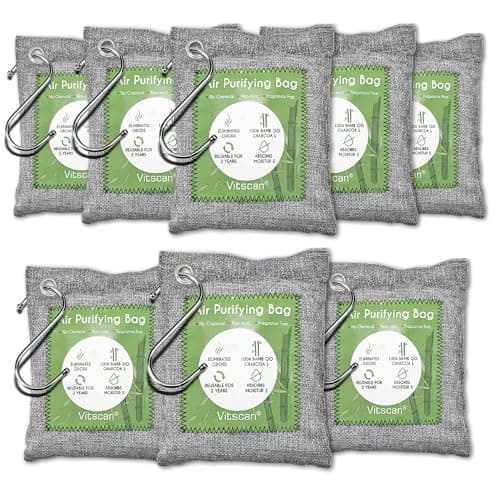 Vitscan 8 Pack Bamboo Charcoal Air Purifying Bag, Activated Charcoal Bags Odor Absorber, Moisture Absorber, Natural Car Air Freshener, Shoe Deodorizer, Odor Eliminators for Home, Pet, Closet (8x150g)
