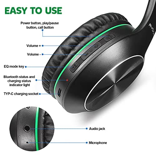 Rydohi Bluetooth Headphones Over Ear, 68H Playtime and 3 EQ Music Modes Wireless Headphones with Microphone/Deep Bass, HiFi Stereo Foldable Lightweight Headset for PC Home Travel Office (BLACK-GREEN) — view 6