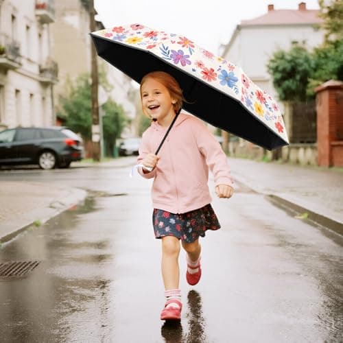 Decalsweet Kids Travel Folding Umbrella,Strong Windproof Automatic Compact Umbrella with Reflective Strips,UV Protection Sun Umbrella for Girls-Flowers — view 3