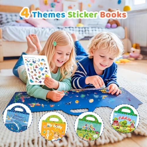 GUYUCOM 4 Pack Reusable Sticker Books Toddlers, Upgraded Jelly Texture, Travel Toys for Aged 3 4+ Kids Boys Girls Ocean Body Insect Farm — view 2