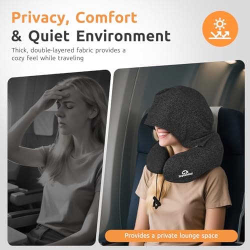 Joytential Travel Pillow with Hood for Airplane Long Flights, Privacy Hooded Plane Pillow with Skin-Friendly Cover, Comfort Memory Foam, Neck Pillows for Office Rest, Road Trip, Car Sleeping (Black) — view 3
