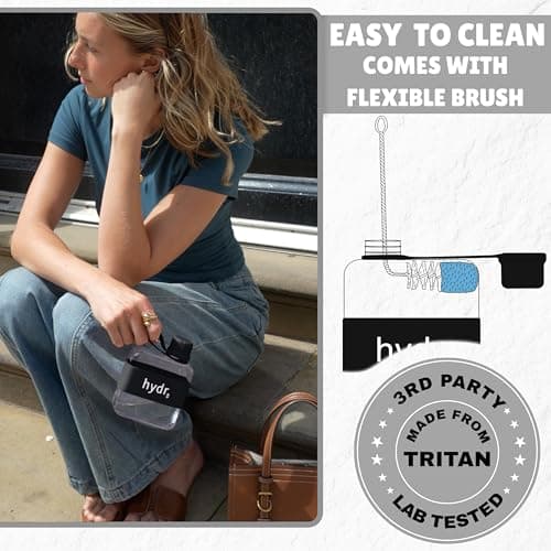 hydr™ v2 Flat Water Bottle For Handbag & Flexible Cleaning Brush | 320ml Tritan BPA Free Slim Travel Water Bottle, small water bottle for handbag (Nero Black) — view 6