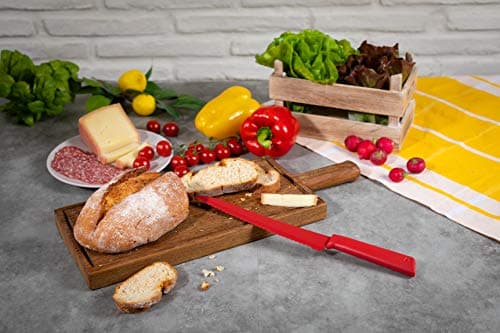 Kuhn Rikon Bread Knife with Japanese Stainless Steel Serrated Blade, Non-Stick Coating, Secure Grip Handle with Finger Guard and Safety Sheath, 20cm - Colori+, Red — view 2