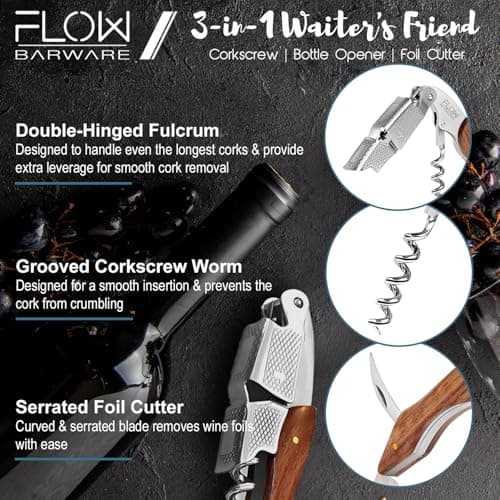FLOW Barware Waiters Friend 3-in-1 Corkscrew Wine Bottle Opener with Foil Cutter | Professional Wine Opener & Cork Screw for Restaurant, Bar, Home | Sommelier Multi-Tool — view 4