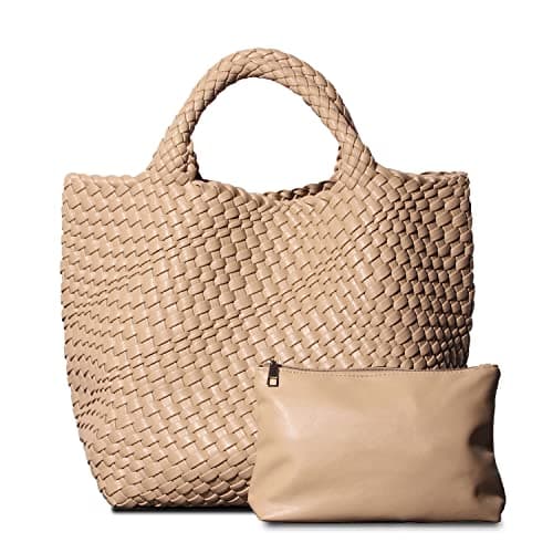 Dyalsa Women Woven Tote Bag, Vegan Leather Handbag Large Summer Beach Bag and Purse Retro Handmade Travel Shoulder Bag (Apricot)