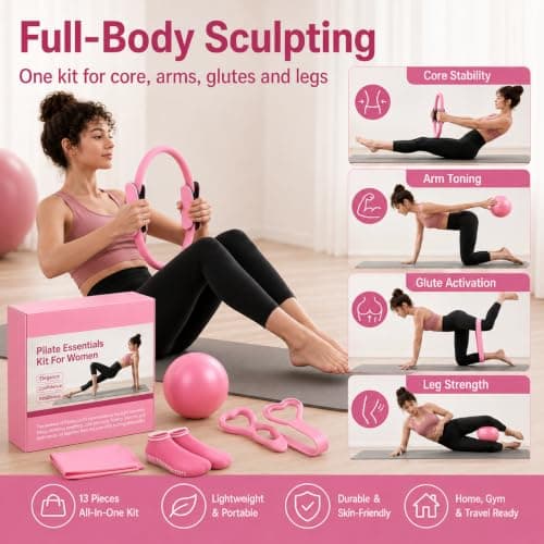 Purecas Home Pilates & Yoga Starter Kit for Women & Beginners | 9 Inch Exercise Ball, Resistance Bands, Pilates Ring, Ankle Straps | Essential Equipment Set for Core Workouts, Stretching — view 5