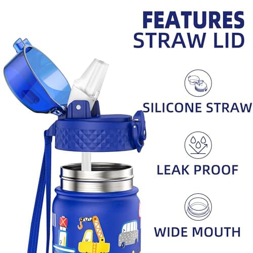 GOPPUS 420ml/14oz Kids Insulated Water Bottle with Straw Double Wall Stainless Steel Child's Small Flask Vacuum Metal Leak Proof Drink Flask Boys Toddler Girls BPA-Free (Blue Construction Vehicle) — view 2
