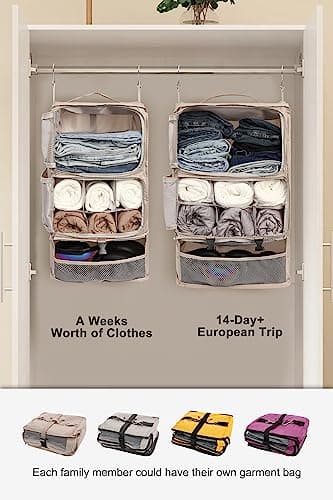 ELEZAY Hanging Packing Cubes Portable Closet 3-Shelf Travel Collapsible Compression Garment Organiser for Carry-on Luggage Suitcase Space Saver Bag X-Large_No Side Pockets, Beige — view 6