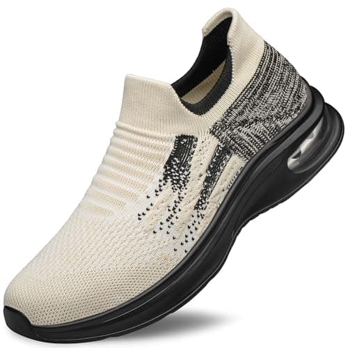 SURFING TREE Mens Walking Trainers Non-Slip Casual Comfortable Work Athletic Cuhioning Trainers Ultra Lightweight Tennis Running Shoes Beige Size 10