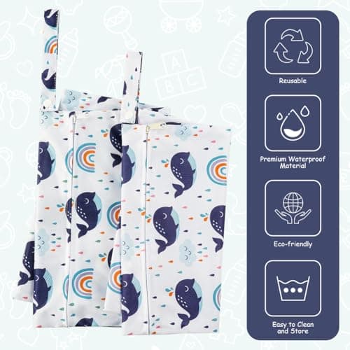 Vicloon Wet Bag, 2 PCS Baby Cloth Nappy Wet Bags, Nappy Bags with Double Zipper Pockets, Waterproof Reusable Washable Cloth Diaper Bags for Babies Swimming Camping Travel Gym Beach - Whale — view 5