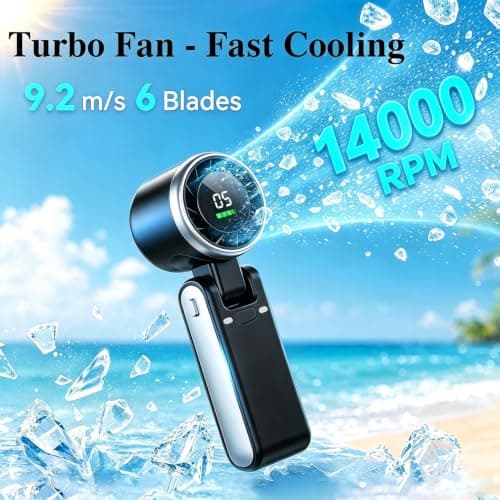 Fenxyo Portable Handheld Turbo Fan, 4000mAh Rechargeable Personal Fan, 12Hrs Cooling, 14000RPM Powerful, 5 Speeds, 180° Foldable Battery Operated USB-C Mini Hand Fan for Travel, Outdoor (Black) — view 2