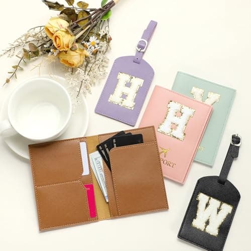 PATIKIL Passport Holder for Travel, Initial Passport Cover and Luggage Tag Set with Alphabet Chenille Letter Patch Travel Wallet Bag Suitcase Identifier for Women Family Travel Pink E — view 5