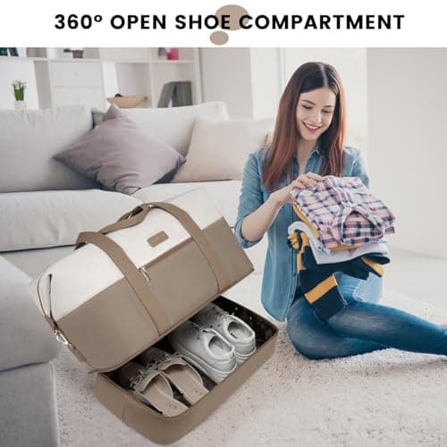 LOVEVOOK Travel Overnight Bags for Women, Waterproof Weekend Hospital Gym Bag with Shoes Compartment & Trolley Sleeve, Large Carry On Cabin Duffle Holdall Bag, Khaki — view 3