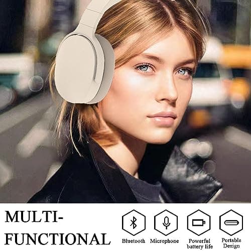 YiYunTE Headphones Wireless Bluetooth Over Ear Headphones Noise Cancelling On Ear Headphones Over Head Wired Headphones with Microphone Jack Foldable Headphone Beige Headset for Gaming Gym PC Laptop — view 4