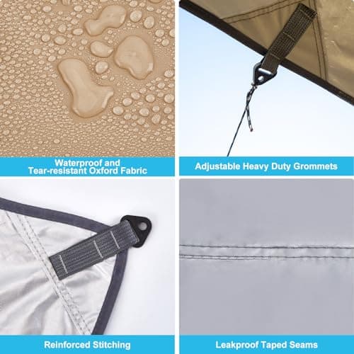 WADEO Camping Tarp Shelter with Poles, Waterproof Heavy Duty Bushcraft Tarp, Rain Fly Hammock Cover, Outdoor Shelter for Camping, Hiking, Festival (Khaki - 3x3.6m) — view 6