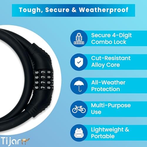 TIJAR Combination Bike Lock Cable, Heavy-Duty 4-Digit Resettable Code Lock | Anti-Theft Security with Alloy Core & Scratch-Proof Soft Plastic Cover | Water Proof Coating, Ideal for Bicycles & Gates — view 5