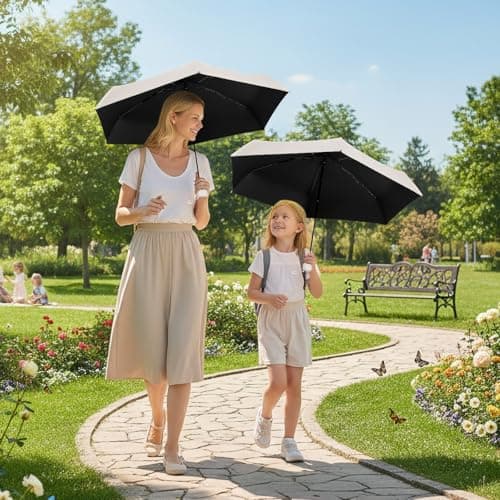 FWHFNB Travel Umbrella, Travel Mini Umbrella, Pocket Umbrella, UV Umbrella, UPF 50+, Portable Lightweight Compact, with Storage Box, for Men and Women (Beige) — view 4