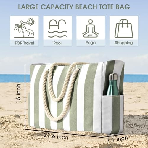 Becokan Waterproof Beach Bag for Women - Large Sandproof Swim Tote With Zipper and Stripe Pattern — view 6