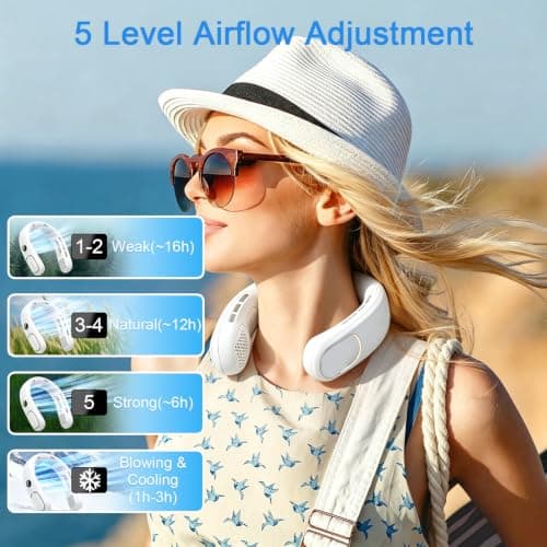 Portable Neck Fans Rechargeable with Semiconductor Cooling, Neck Air Conditioner with LED Display, 5 Speed Bladeless Neck Fans for Women & Men, 4000mAh Wearable Cooling Fan for Travel Outdoor (White) — view 3