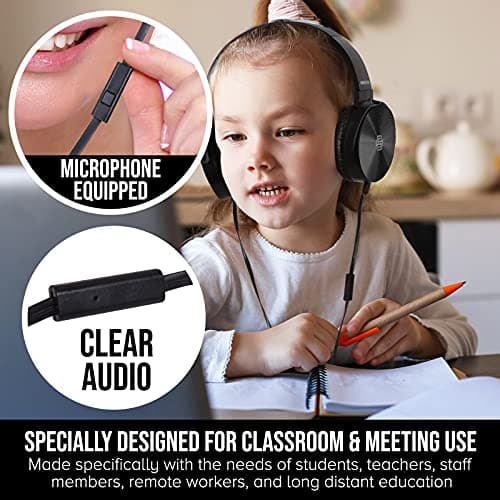 Classroom Headphones-Bulk 10-Pack, Student On Ear Comfy Swivel Earphones for Library, School, Airplane, Kids-for Online Learning and Travel, HQ Stereo Sound 3.5mm Jack (Black with Microphone) — view 2