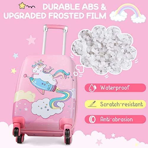 HOMFME 2 PCS Kids Luggage Set, Children Suitcase and Backpack Set with Adjustable Handle and Universal Wheels, Hard Shell Toddler Trolley Case for Travel School (12 + 18 Inch, Pink Unicorn) — view 5