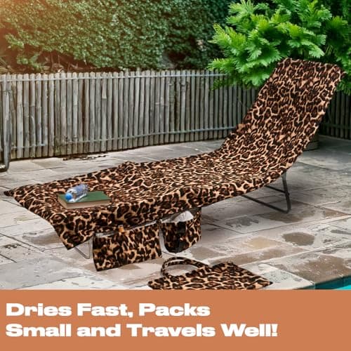 Brentfords Large Beach Towel in a Bag, Soft Quick-Dry Absorbent Lightweight Easy Storage Sun Lounger Towels with Pockets For Poolside Beach or Holiday Accessories, 75 x 215cm - Natural Leopard Print — view 3
