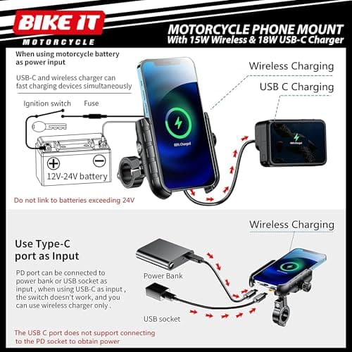 BIKE IT Compact Motorcycle Mobile Phone Wireless Charger Holder, USB-C, Universal Phone Fitment, IP66 Waterproof, 360-Degree Rotation, 15W Quick Charge, Motorbike Scooter Cellular Mount — view 3