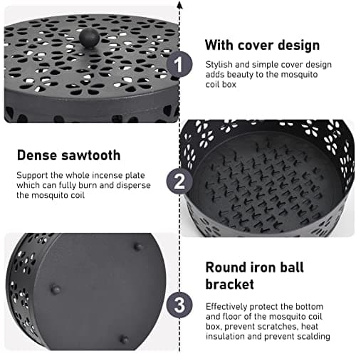 Mosquito Coil Holder Black, Metal Incense Burner with Handle and Lid,Incense Holder Portable for Home, Garden,Camping, Travel and Fishing (Black) — view 3