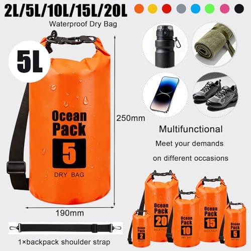 RONGZUBAT 5L Waterproof Dry Bag with Adjustable Shoulder Strap, Roll Top Dry Sack, Lightweight Waterproof Bag for Kayaking, Paddle Boarding, Boating, Beach, Swimming, Camping and Travel - Orange — view 2