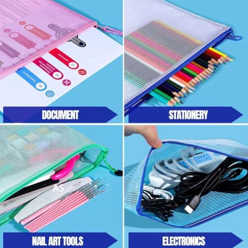 20 Pack A5 Plastic Zip Wallets, Waterproof PVC File Folders with Mesh Window & Smooth Zipper, Multi-Coloured Document Organiser Bags for Office, School, Travel & Home Storage — view 5