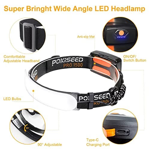 POKISEED 1500 Lumens Rechargeable Head Torch with 230° Wide Beam, 3 Brightness Modes, IPX6 Waterproof LED Headlamp for Running, Camping, Fishing, Hard Hat Work — view 2