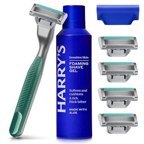 Harry's Plus Razor for Men - Starter Set - 1 Premium Handle with 5 Razor Refills, 60ml Foaming Shave Gel and Travel Blade Cover - Green