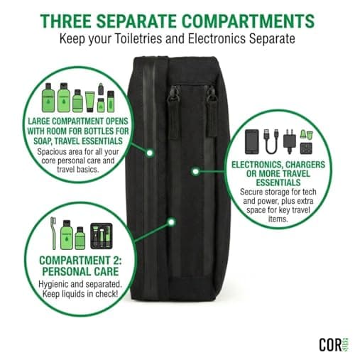 COR Surf Compact Toiletry Travel Bag Hanging, Premium Mens and Women Dopp Kit for Travel | Waterproof with 4 Separate Compartments and Waterproof Zippers (Black) — view 3