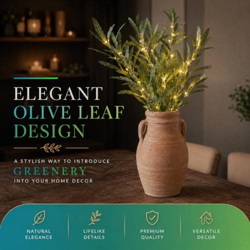 Festive Lights - 3 x 65cm Decorative Olive Leaf Branch Lights (1 Pack) with 60 Warm White LEDs - Battery Powered Indoor Foliage, Green Design, Timer Function, Clear Cable, Twig Style Vase Display — view 2