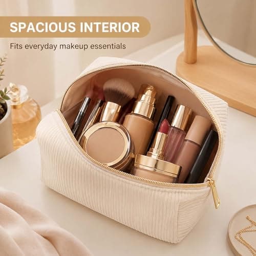 Corduroy Makeup Bag with Gold Metal Zipper & Textured Ribbed Exterior - Cosmetic Pouch for Women Travel Skincare Organisation Essentials, Compact Box Design (Beige) — view 4
