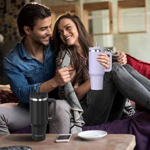WATERSY 40oz Travel Mug Coffee Cup with 2 Straws, Tumbler Lid and Handle, Stainless Steel Double Wall Vacuum Insulated Coffee Water Bottle Thermal for Cold Hot Coffee 1182ml Purple — view 5